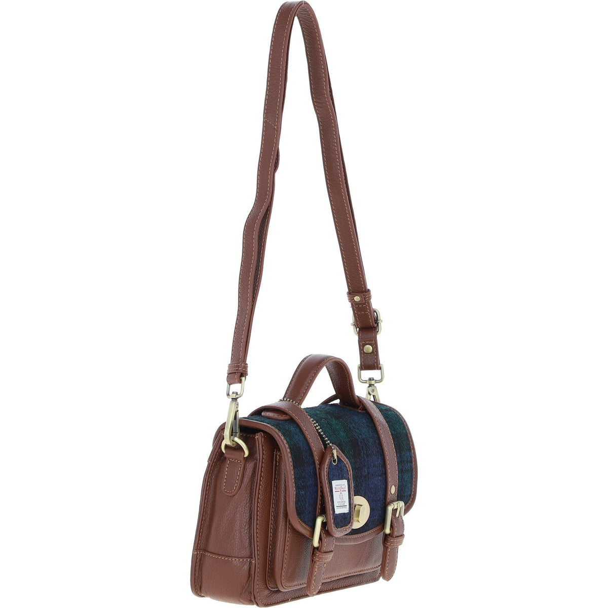 Leather & Harris Tweed Medium Twist Lock Satchel – Tan / Watch, view 4