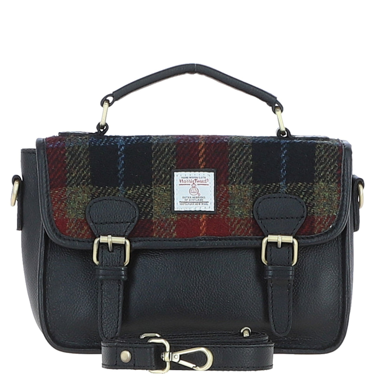 Leather & Harris Tweed Medium Magnetic Satchel – Black / Green / Red, view 1