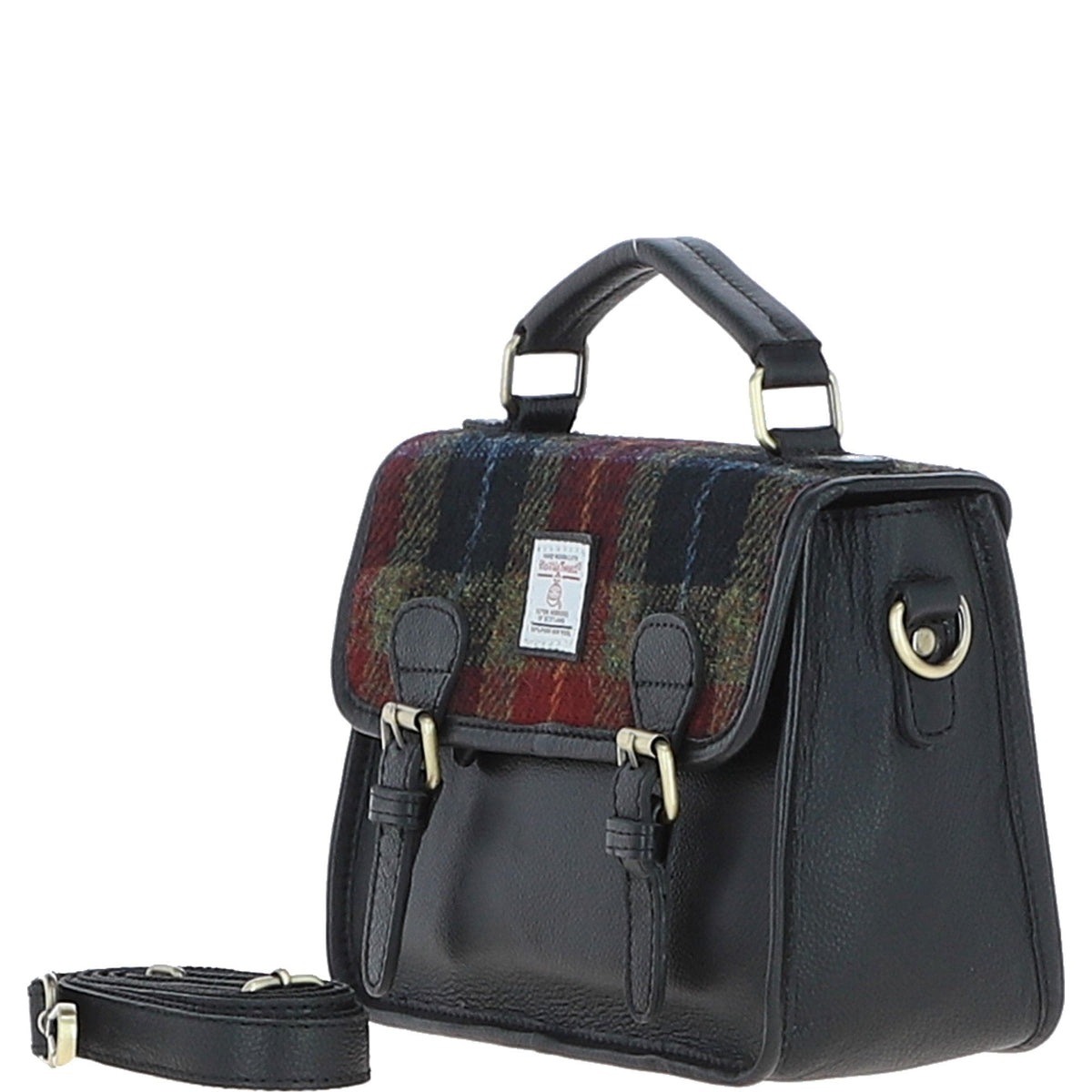 Leather & Harris Tweed Medium Magnetic Satchel – Black / Green / Red, view 2