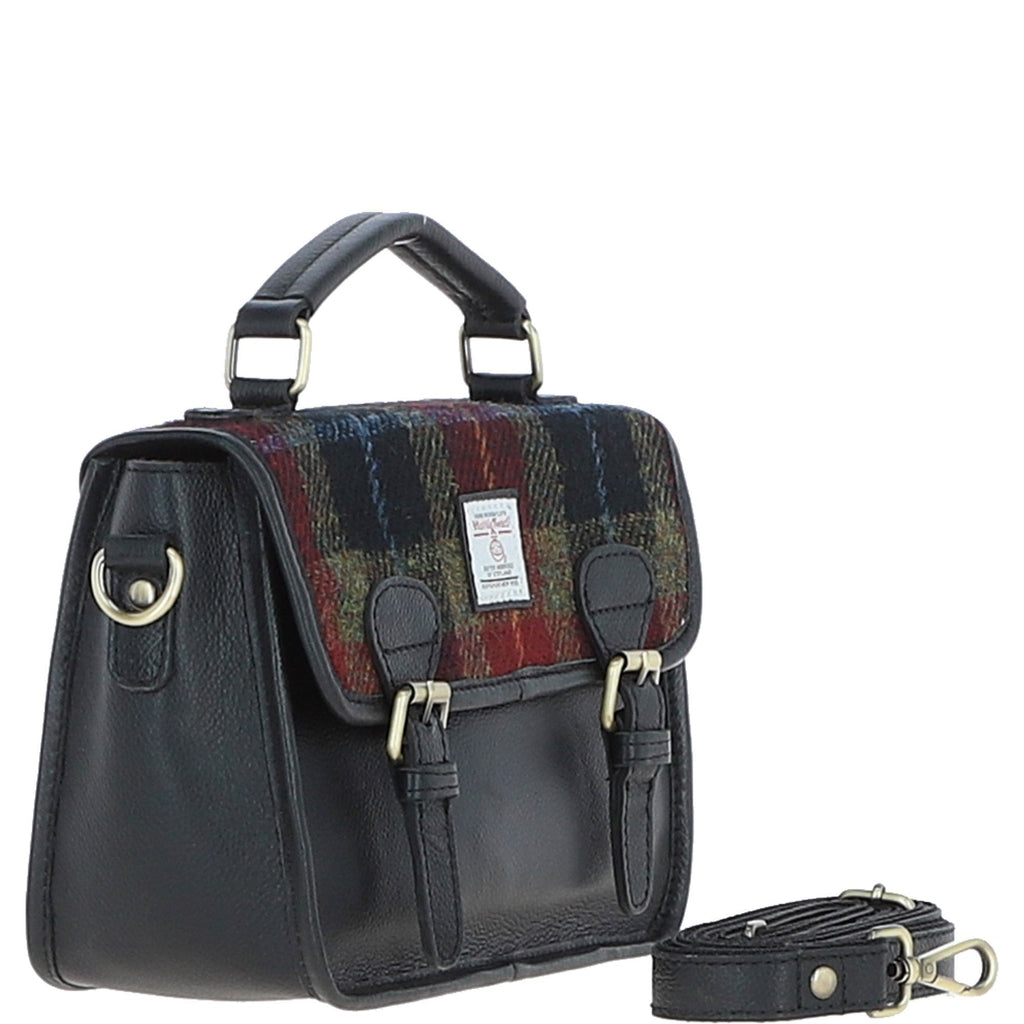 Leather & Harris Tweed Medium Magnetic Satchel – Black / Green / Red, view 4