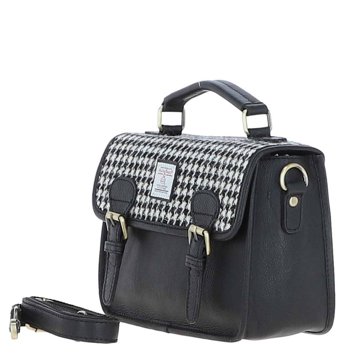 Leather & Harris Tweed Medium Magnetic Satchel – Black / White, view 2
