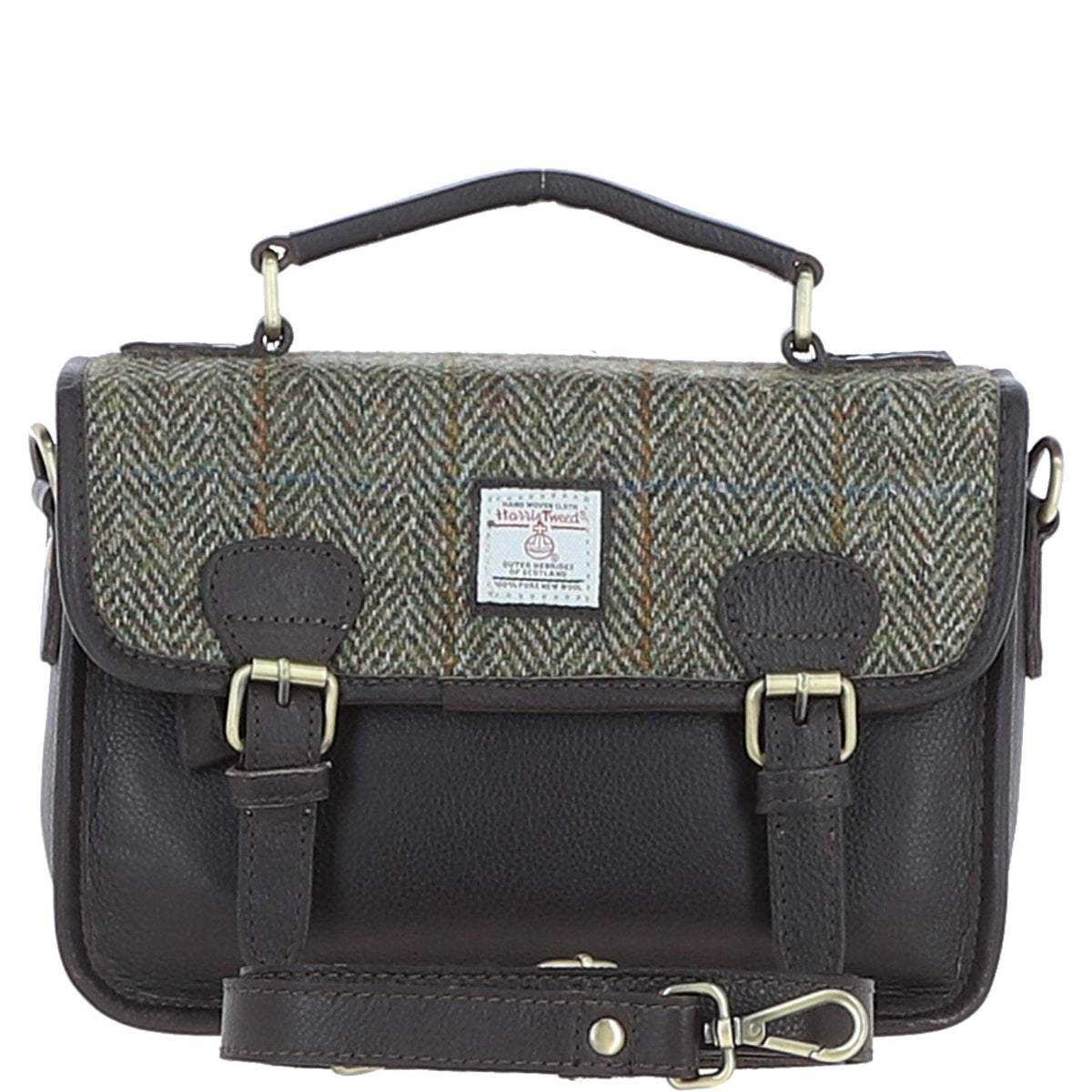Leather & Harris Tweed Medium Magnetic Satchel – Brown / Green, view 1
