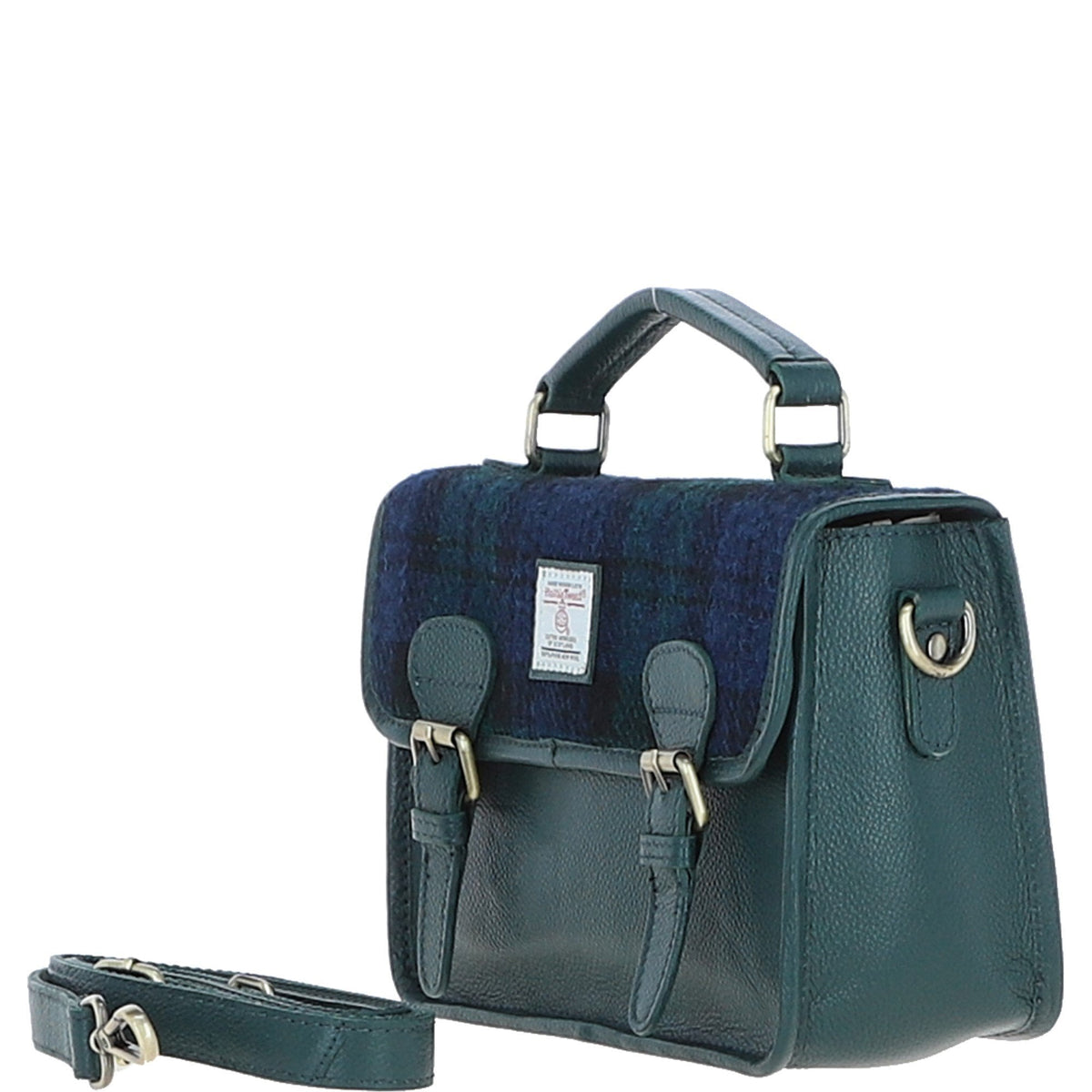 Leather & Harris Tweed Medium Magnetic Satchel – Green / Watch, view 3