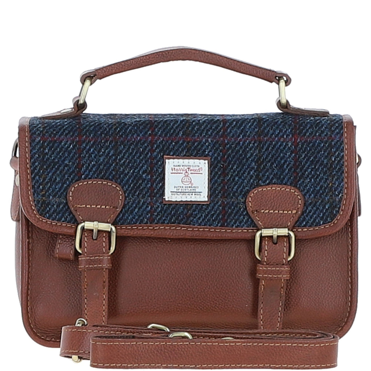 Leather & Harris Tweed Medium Magnetic Satchel – Tan / Navy, view 1