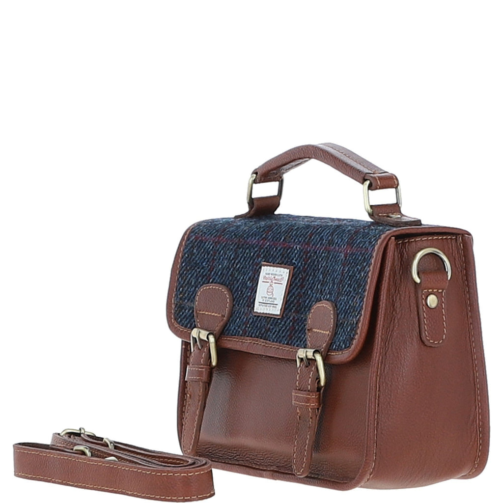 Leather & Harris Tweed Medium Magnetic Satchel – Tan / Navy, view 2
