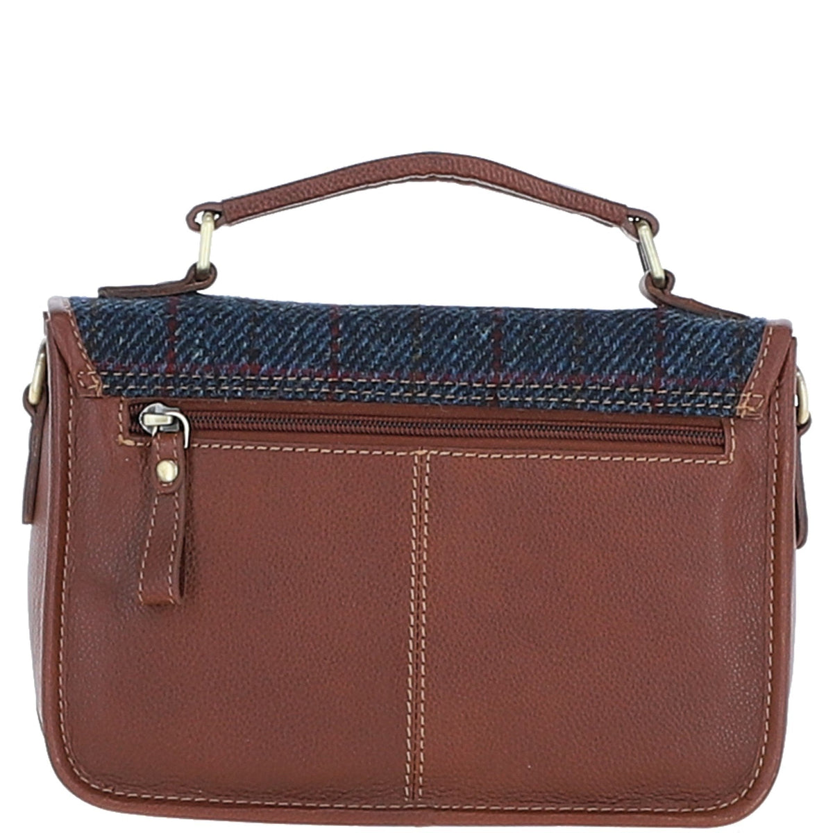 Leather & Harris Tweed Medium Magnetic Satchel – Tan / Navy, view 3