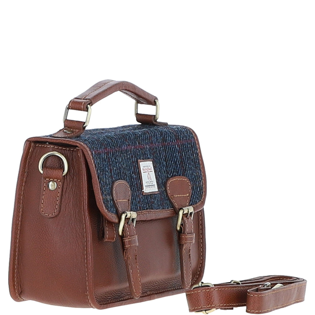 Leather & Harris Tweed Medium Magnetic Satchel – Tan / Navy, view 4