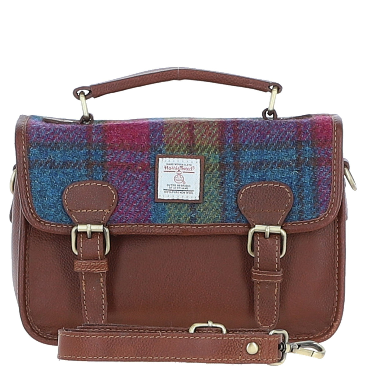Leather & Harris Tweed Medium Magnetic Satchel – Tan / Purple, view 1