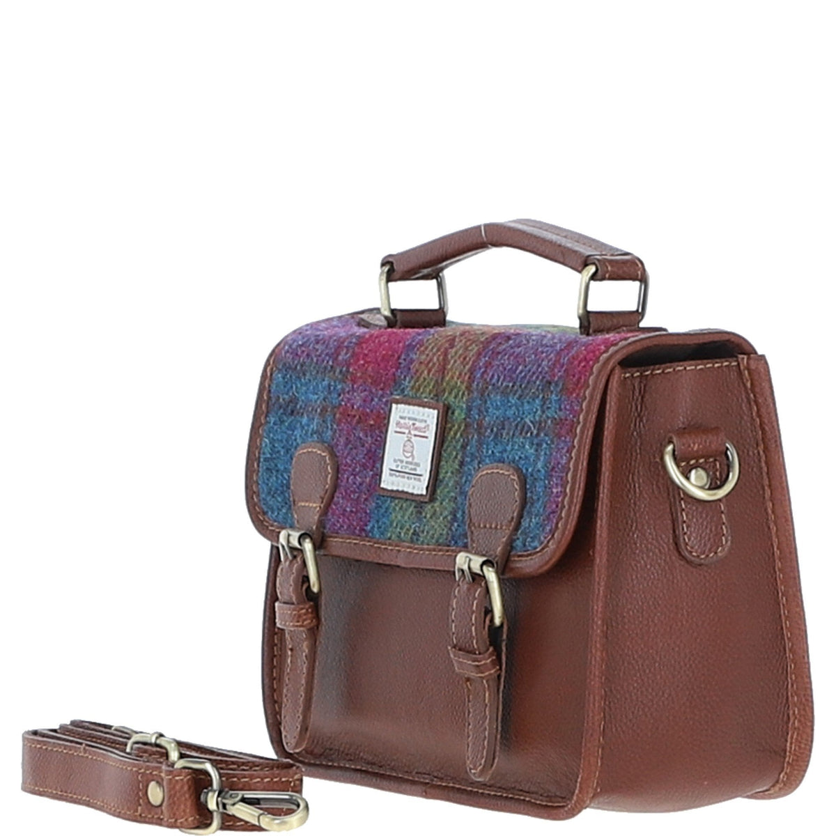 Leather & Harris Tweed Medium Magnetic Satchel – Tan / Purple, view 2