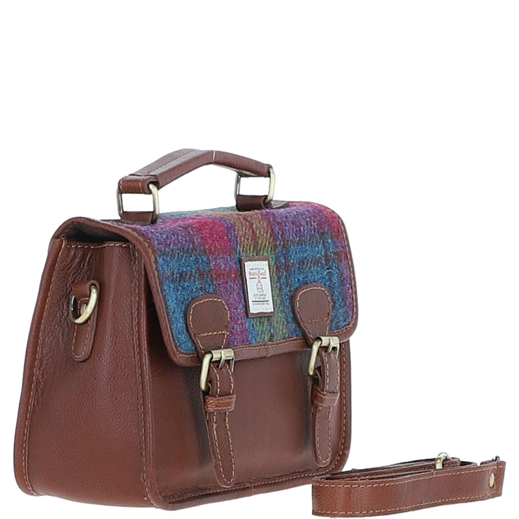 Leather & Harris Tweed Medium Magnetic Satchel – Tan / Purple, view 4