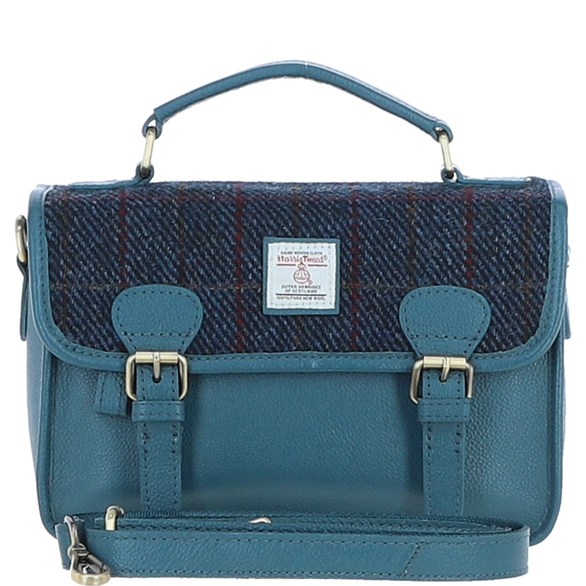 Leather & Harris Tweed Medium Magnetic Satchel – Teal / Navy, view 1