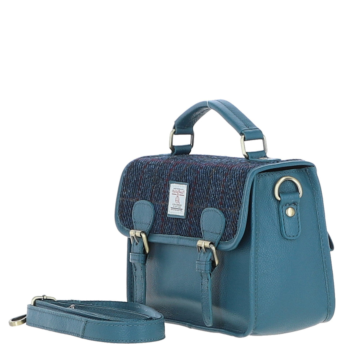 Leather & Harris Tweed Medium Magnetic Satchel – Teal / Navy, view 2