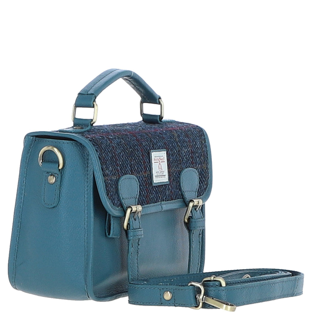 Leather & Harris Tweed Medium Magnetic Satchel – Teal / Navy, view 4
