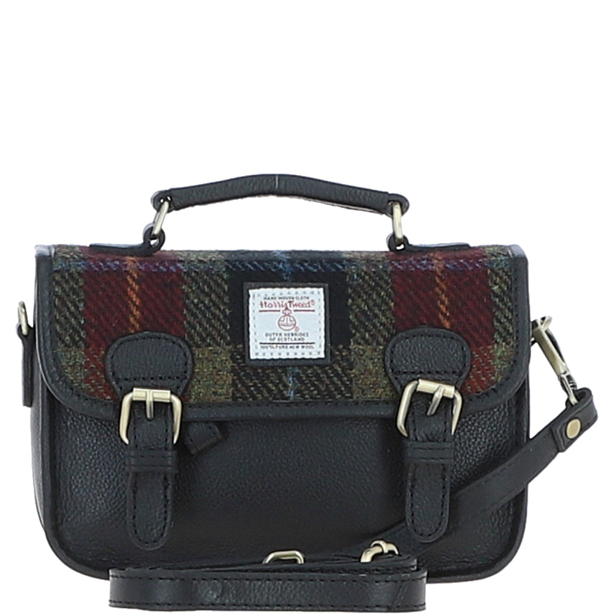 Leather & Harris Tweed Small Magnetic Satchel – Black / Green / Red, view 1