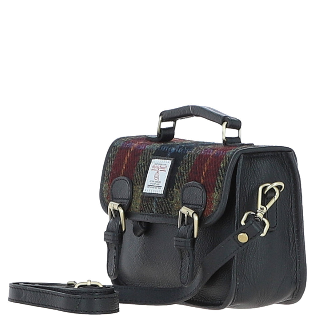Leather & Harris Tweed Small Magnetic Satchel – Black / Green / Red, view 2