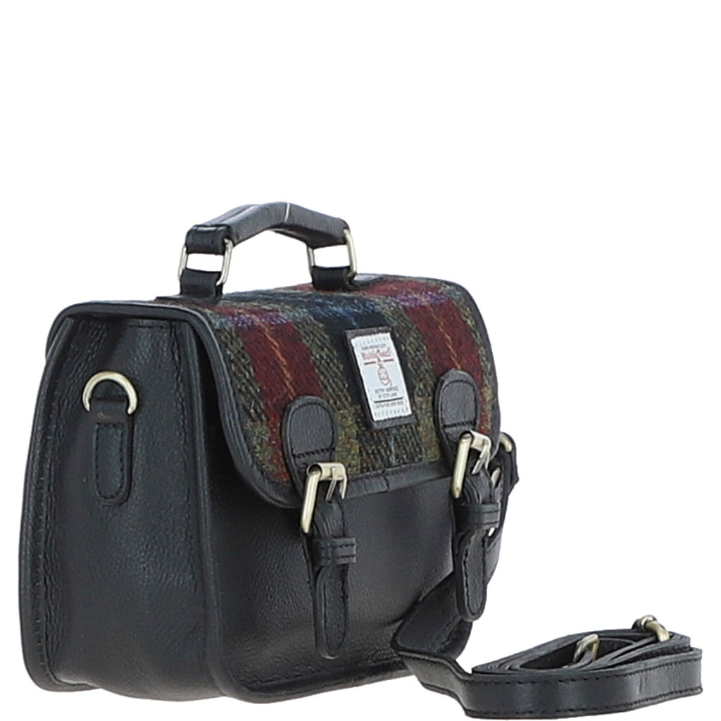 Leather & Harris Tweed Small Magnetic Satchel – Black / Green / Red, view 4