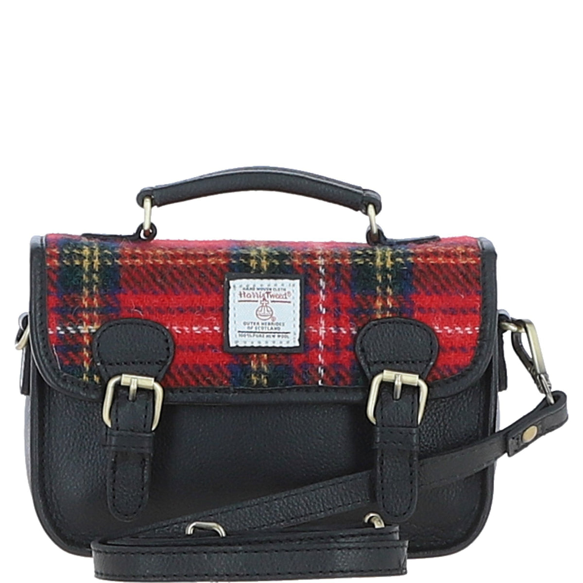 Leather & Harris Tweed Small Magnetic Satchel – Black / Red, view 1