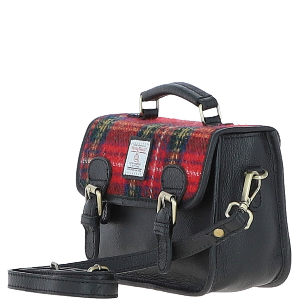 Leather & Harris Tweed Small Magnetic Satchel – Black / Red, view 2