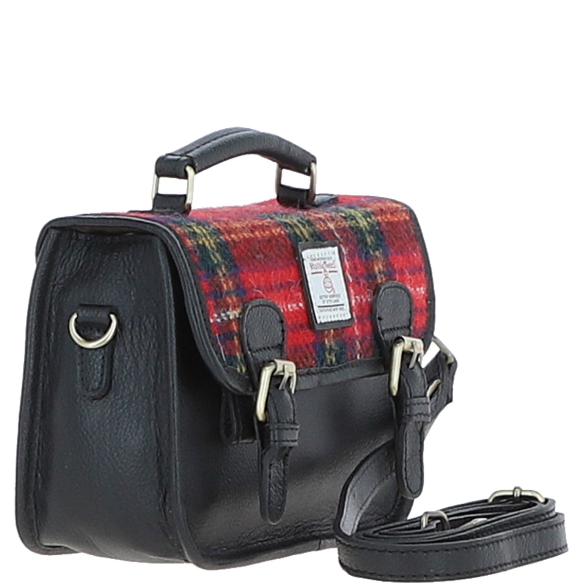 Leather & Harris Tweed Small Magnetic Satchel – Black / Red, view 4