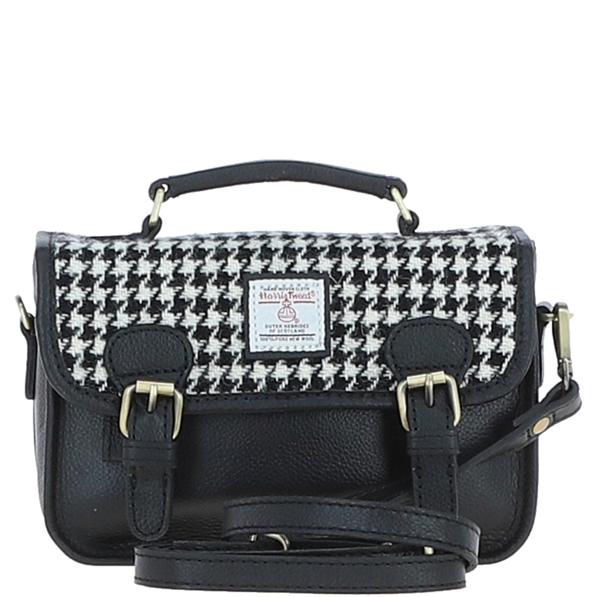 Leather & Harris Tweed Small Magnetic Satchel – Black / White, view 1