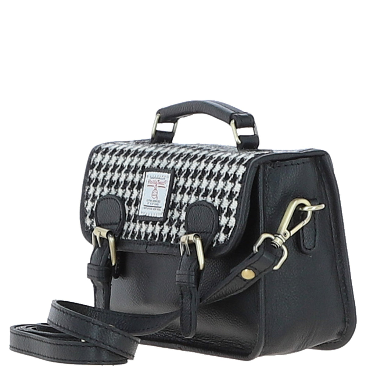 Leather & Harris Tweed Small Magnetic Satchel – Black / White, view 2