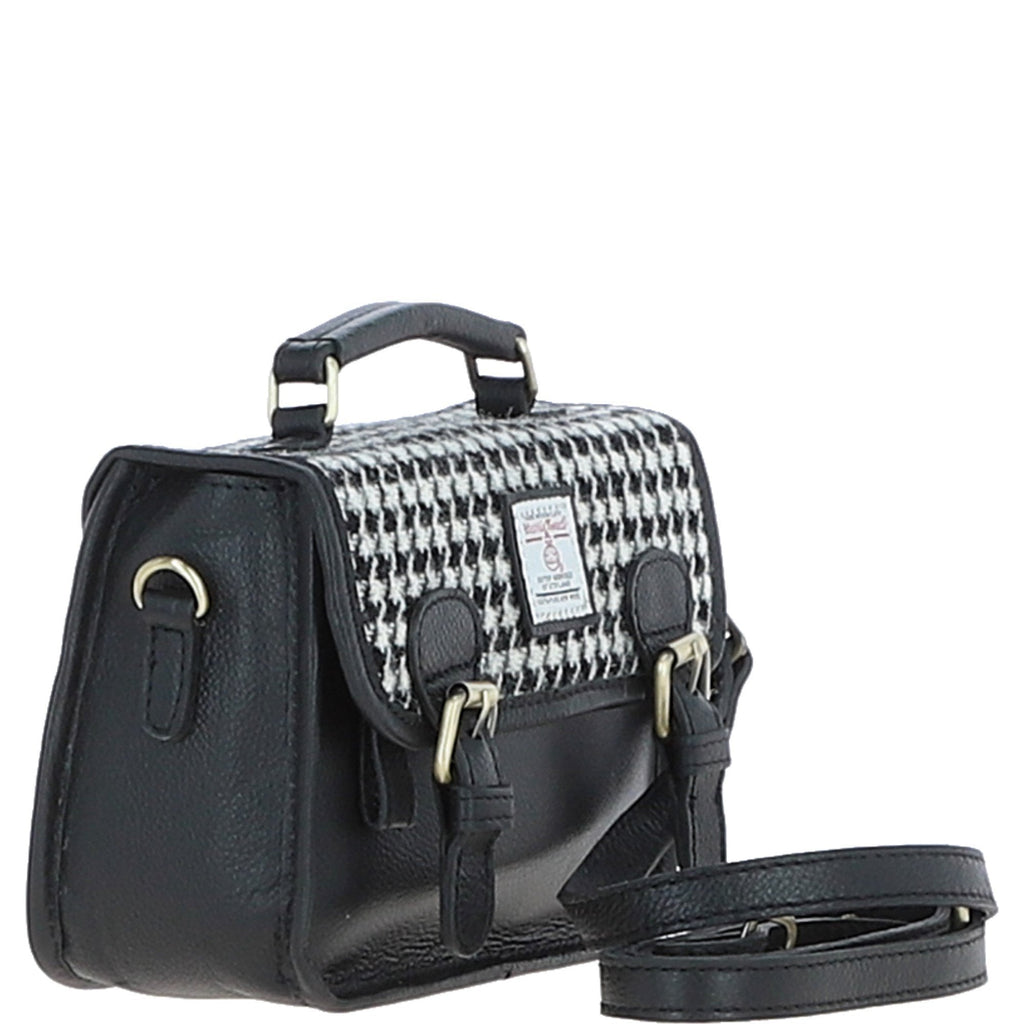 Leather & Harris Tweed Small Magnetic Satchel – Black / White, view 4