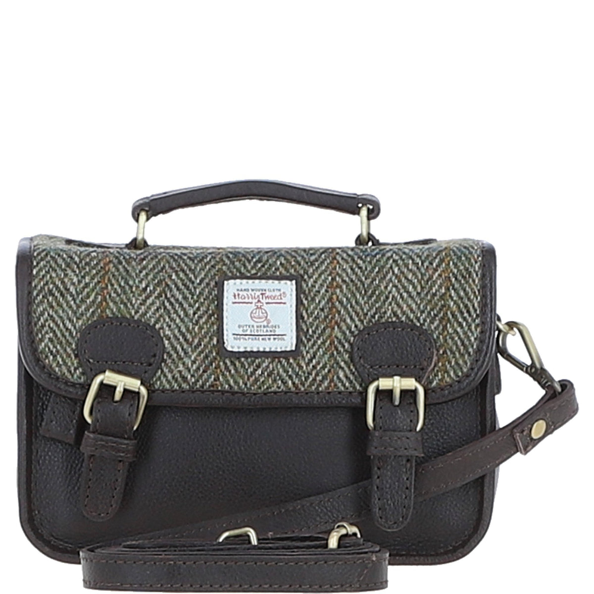 Leather & Harris Tweed Small Magnetic Satchel – Brown / Green, view 1