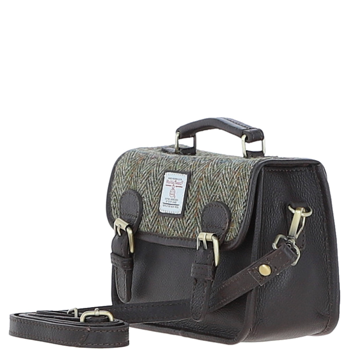 Leather & Harris Tweed Small Magnetic Satchel – Brown / Green, view 2