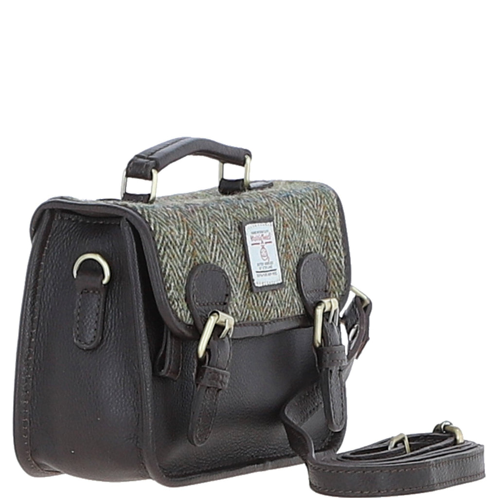 Leather & Harris Tweed Small Magnetic Satchel – Brown / Green, view 4