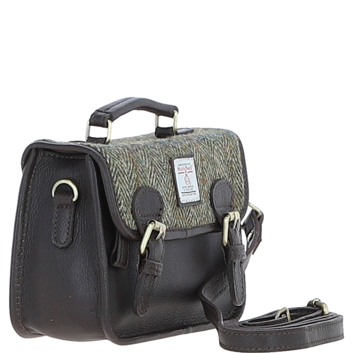 Leather & Harris Tweed Small Magnetic Satchel – Brown / Green, view 4