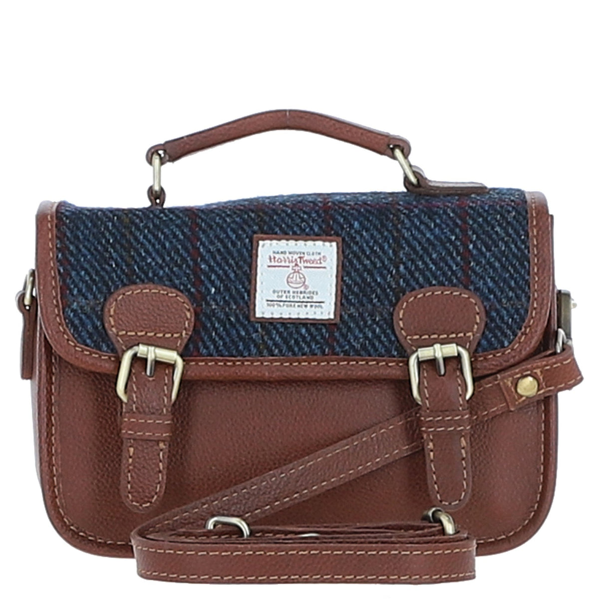 Leather & Harris Tweed Small Magnetic Satchel – Tan / Navy, view 1
