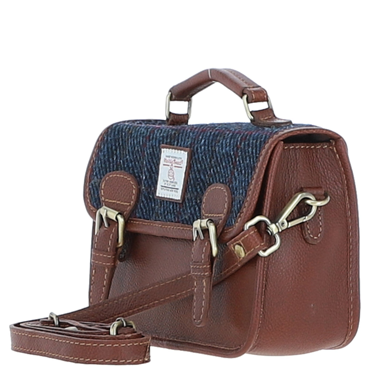 Leather & Harris Tweed Small Magnetic Satchel – Tan / Navy, view 2