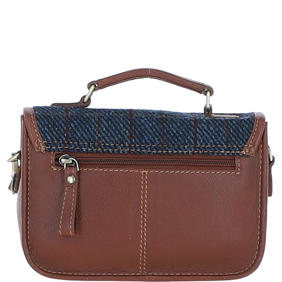 Leather & Harris Tweed Small Magnetic Satchel – Tan / Navy, view 3