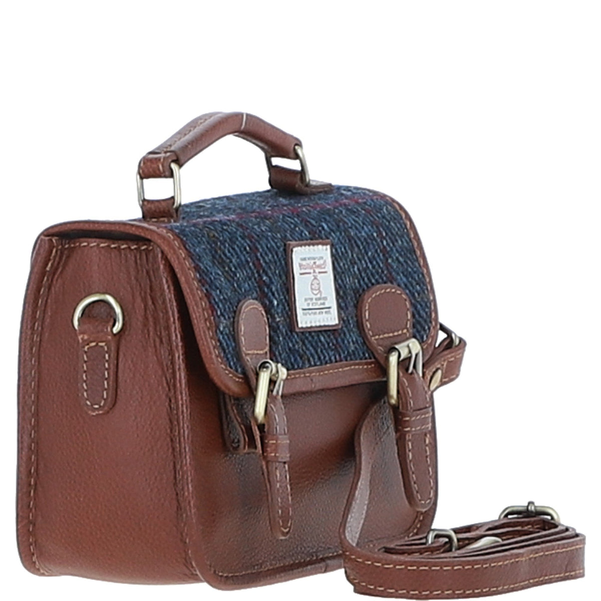 Leather & Harris Tweed Small Magnetic Satchel – Tan / Navy, view 4
