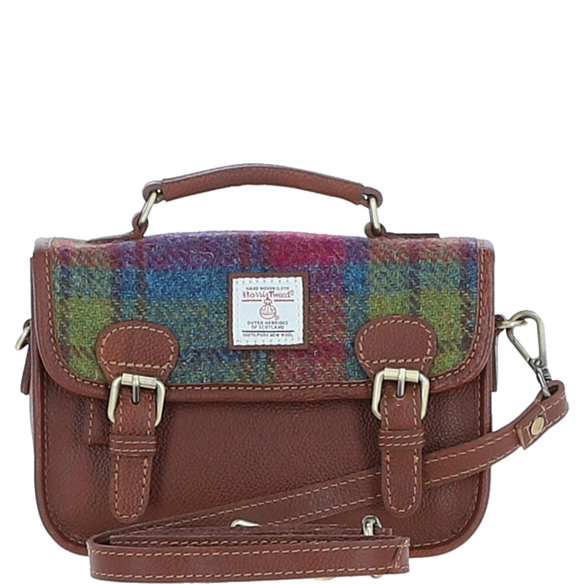Leather & Harris Tweed Small Magnetic Satchel – Tan / Purple, view 1