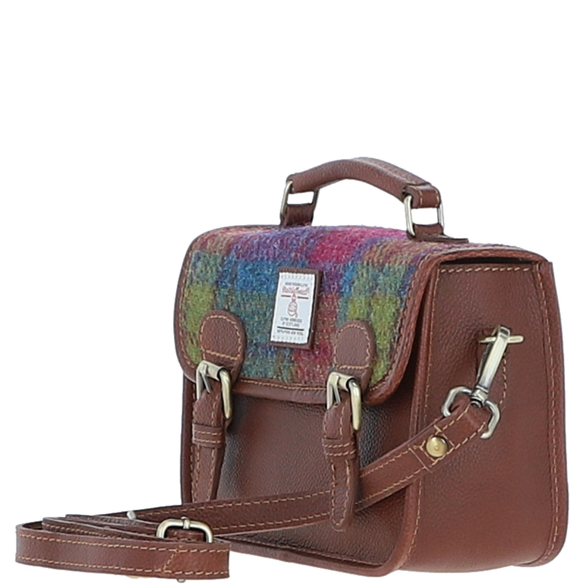 Leather & Harris Tweed Small Magnetic Satchel – Tan / Purple, view 2