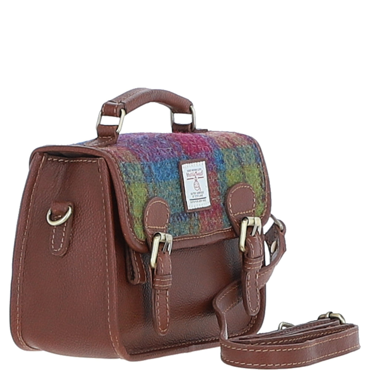 Leather & Harris Tweed Small Magnetic Satchel – Tan / Purple, view 4