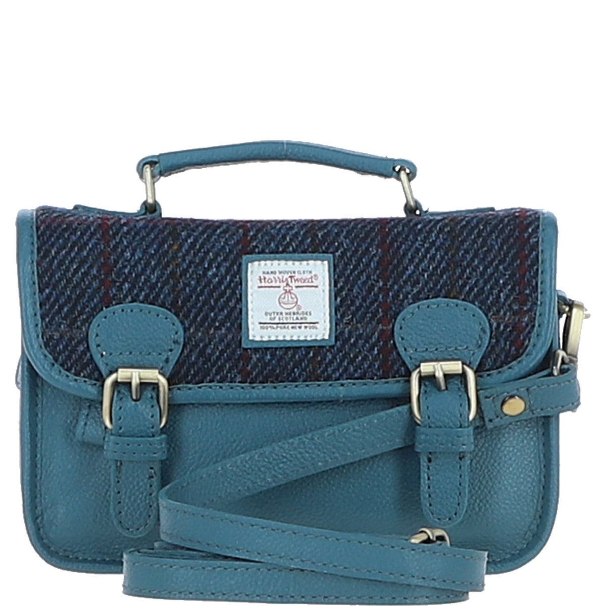 Leather & Harris Tweed Small Magnetic Satchel – Teal / Navy, view 1