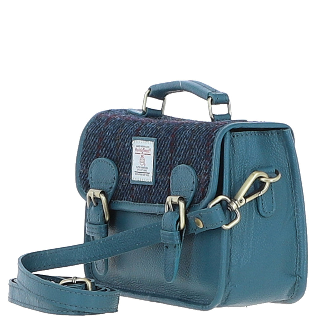 Leather & Harris Tweed Small Magnetic Satchel – Teal / Navy, view 2