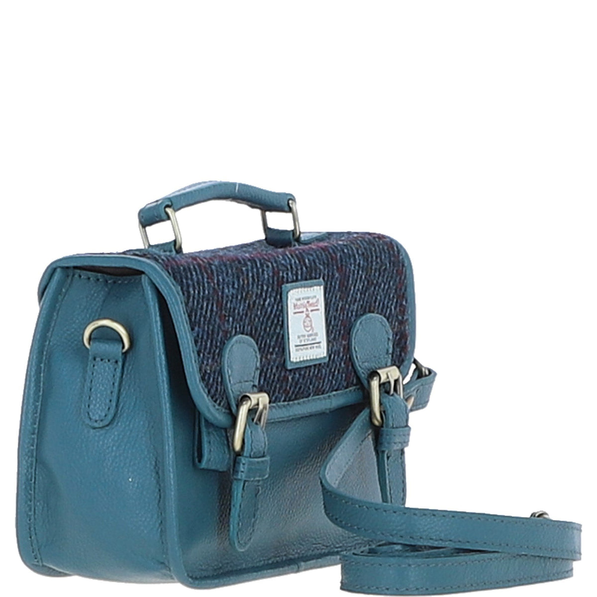 Leather & Harris Tweed Small Magnetic Satchel – Teal / Navy, view 4