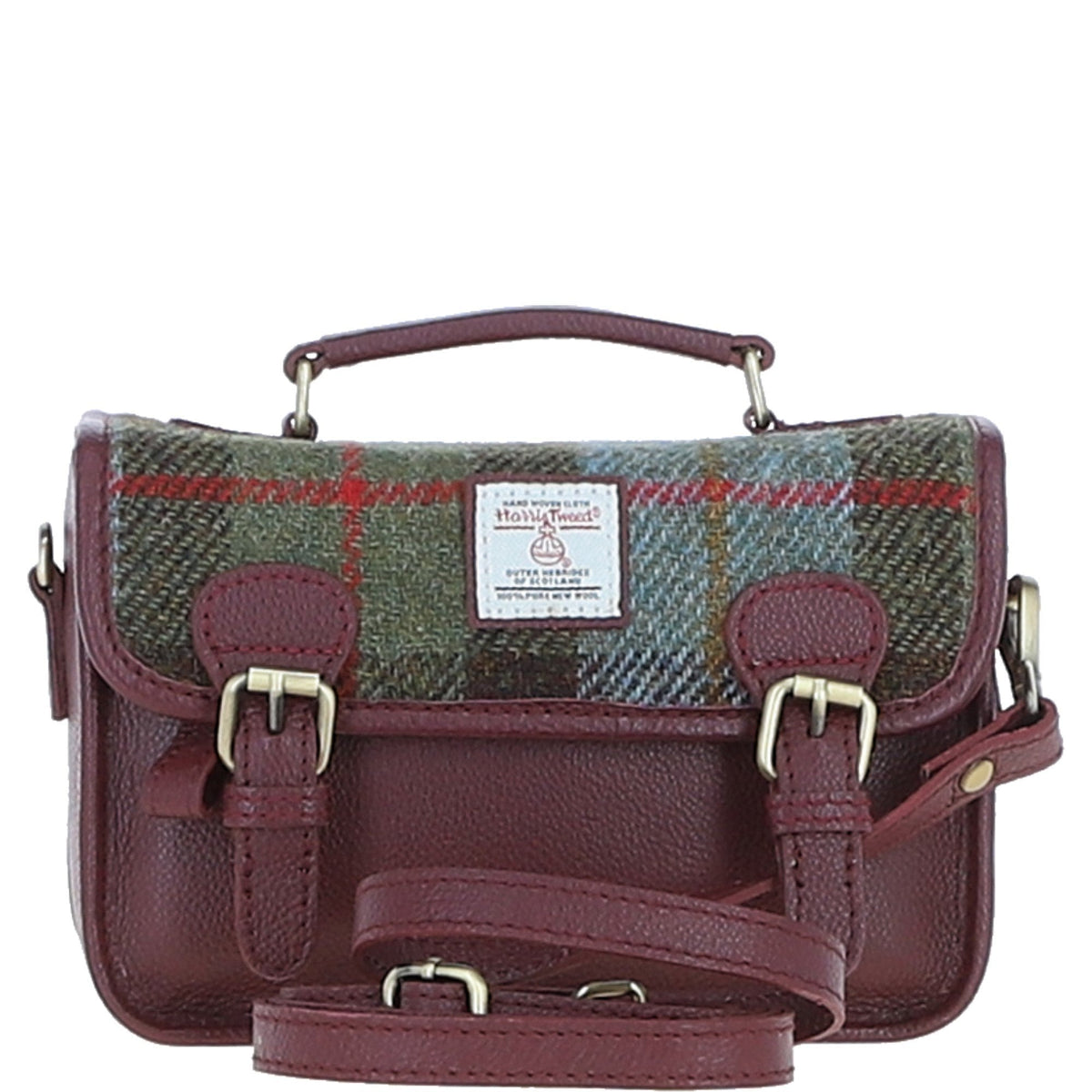 Leather & Harris Tweed Small Magnetic Satchel – Wine / Macleod, view 1