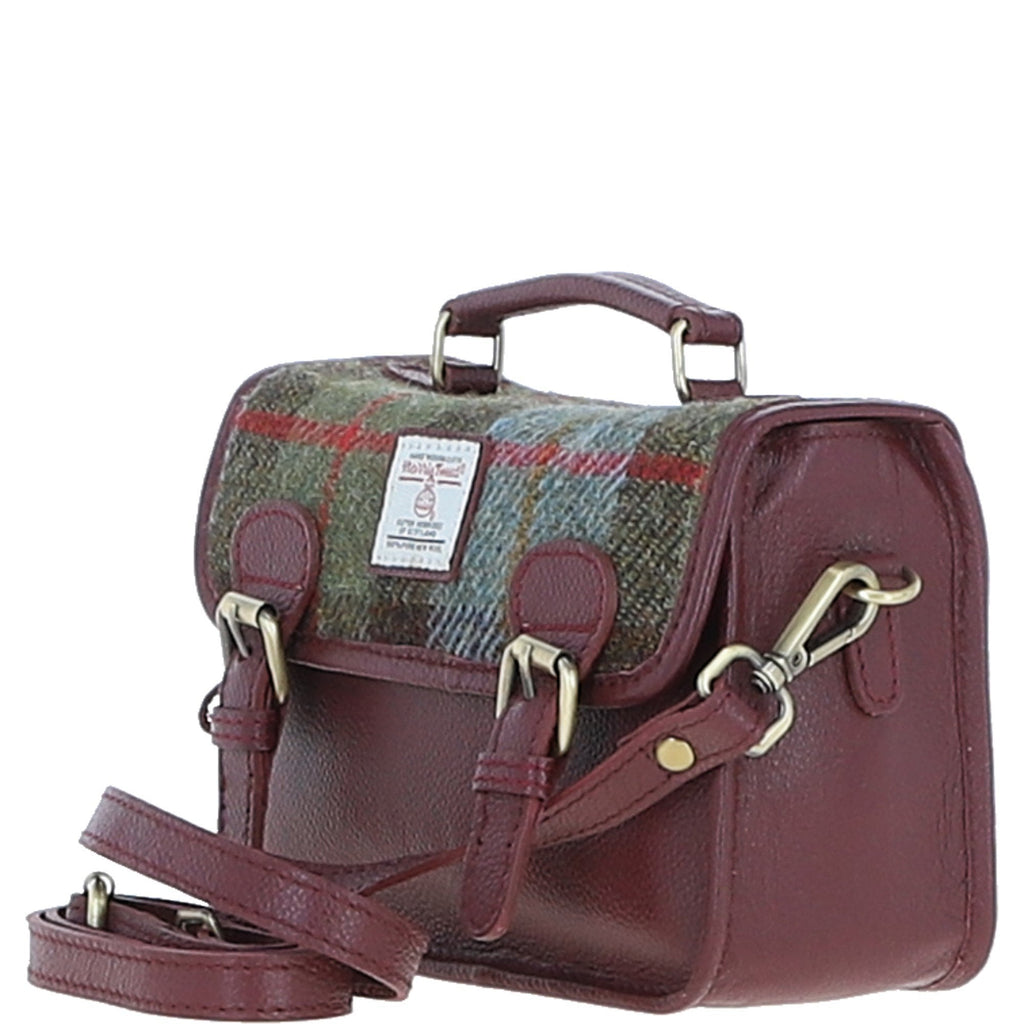 Leather & Harris Tweed Small Magnetic Satchel – Wine / Macleod, view 2