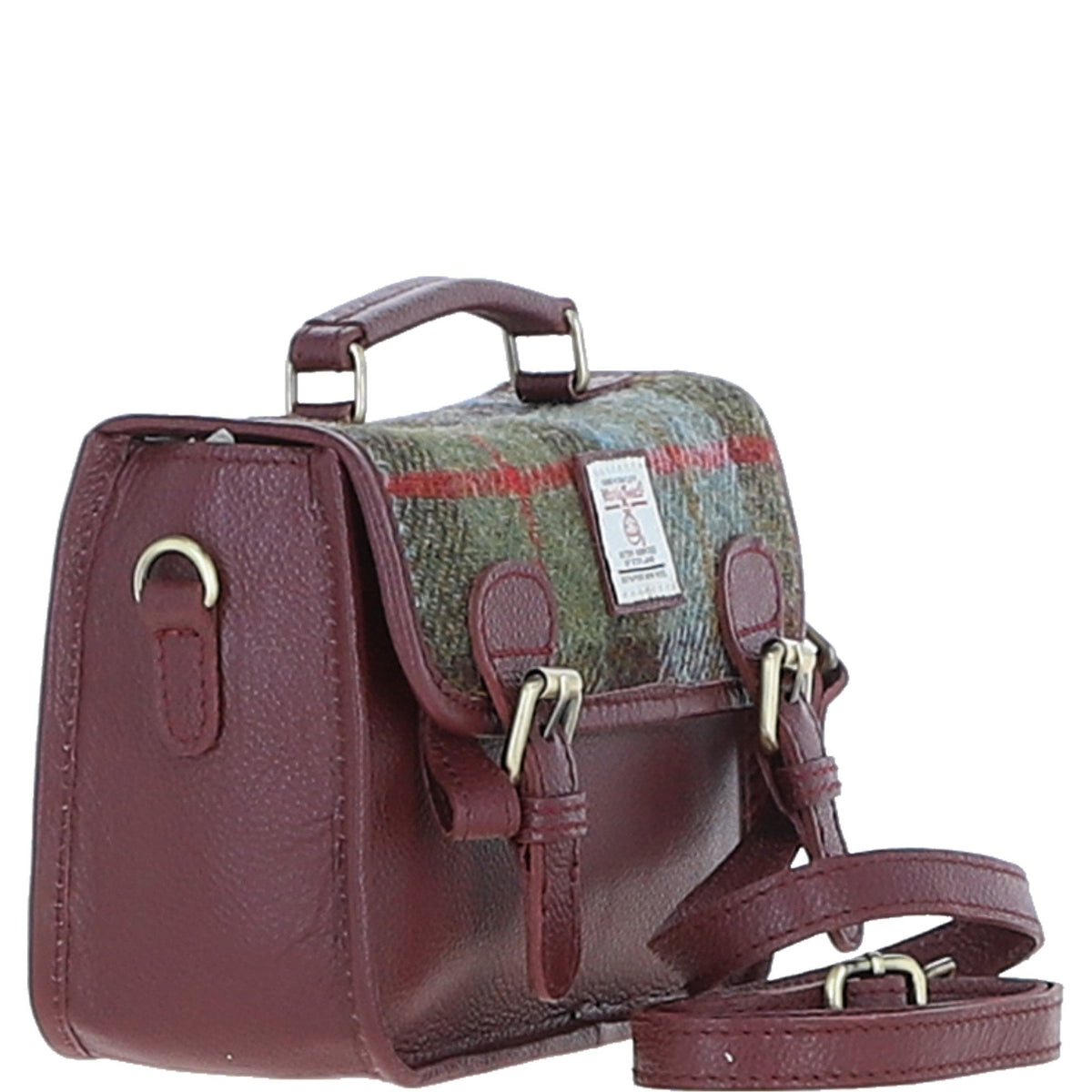 Leather & Harris Tweed Small Magnetic Satchel – Wine / Macleod, view 4
