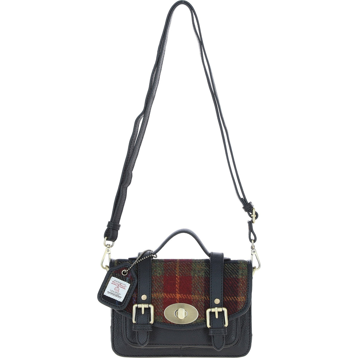 Leather & Harris Tweed Small Twist Lock Satchel – Black / Green / Red, view 1