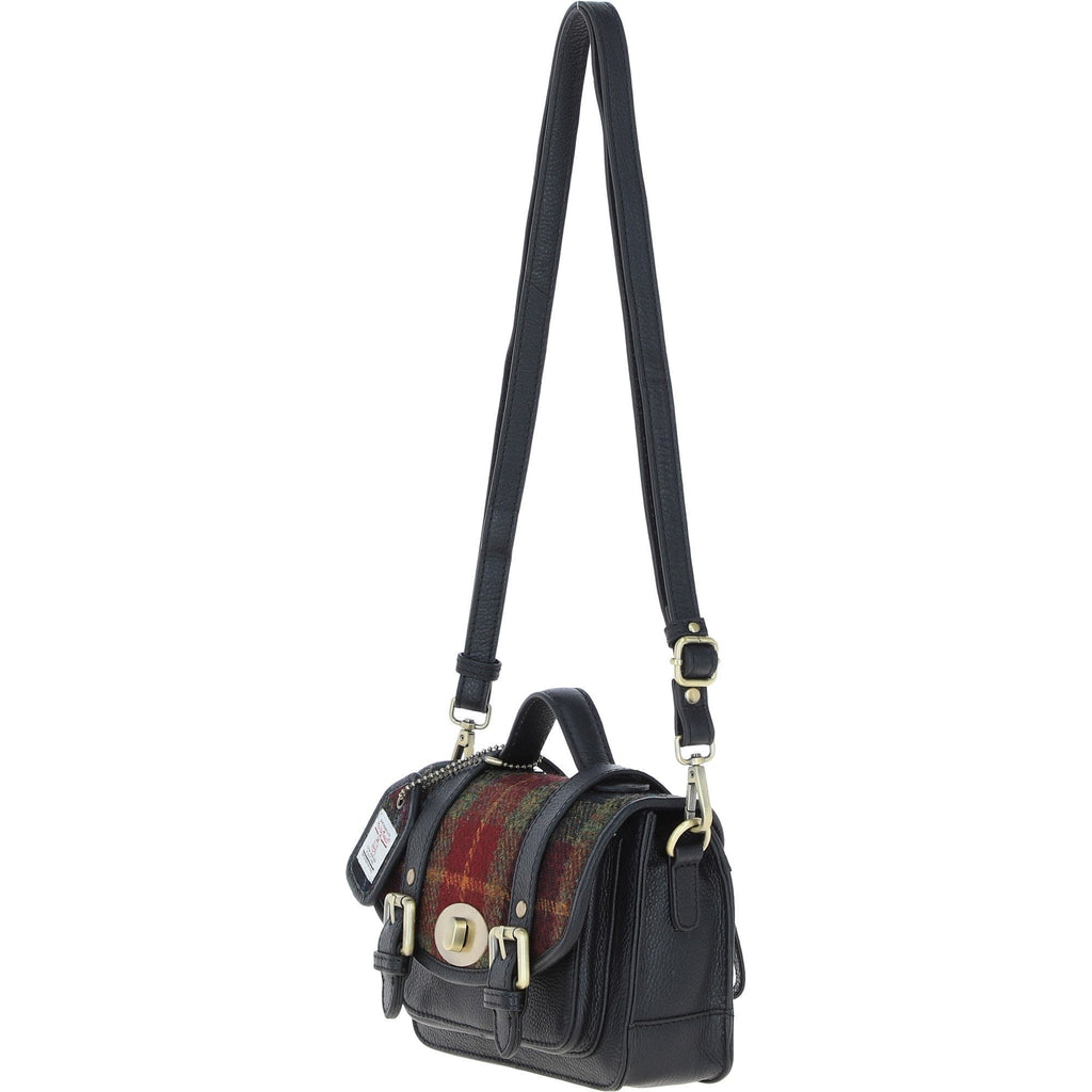 Leather & Harris Tweed Small Twist Lock Satchel – Black / Green / Red, view 2