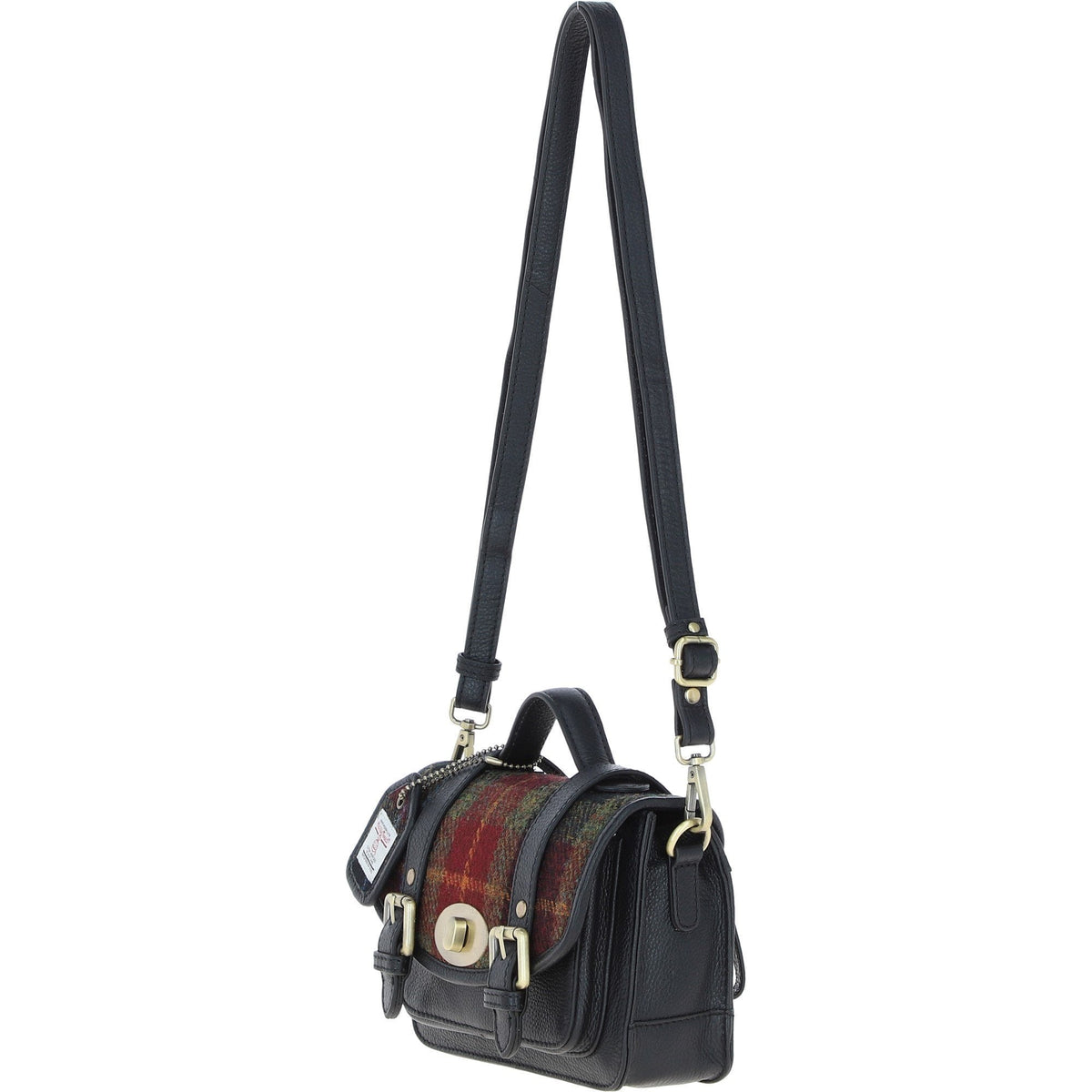 Leather & Harris Tweed Small Twist Lock Satchel – Black / Green / Red, view 2