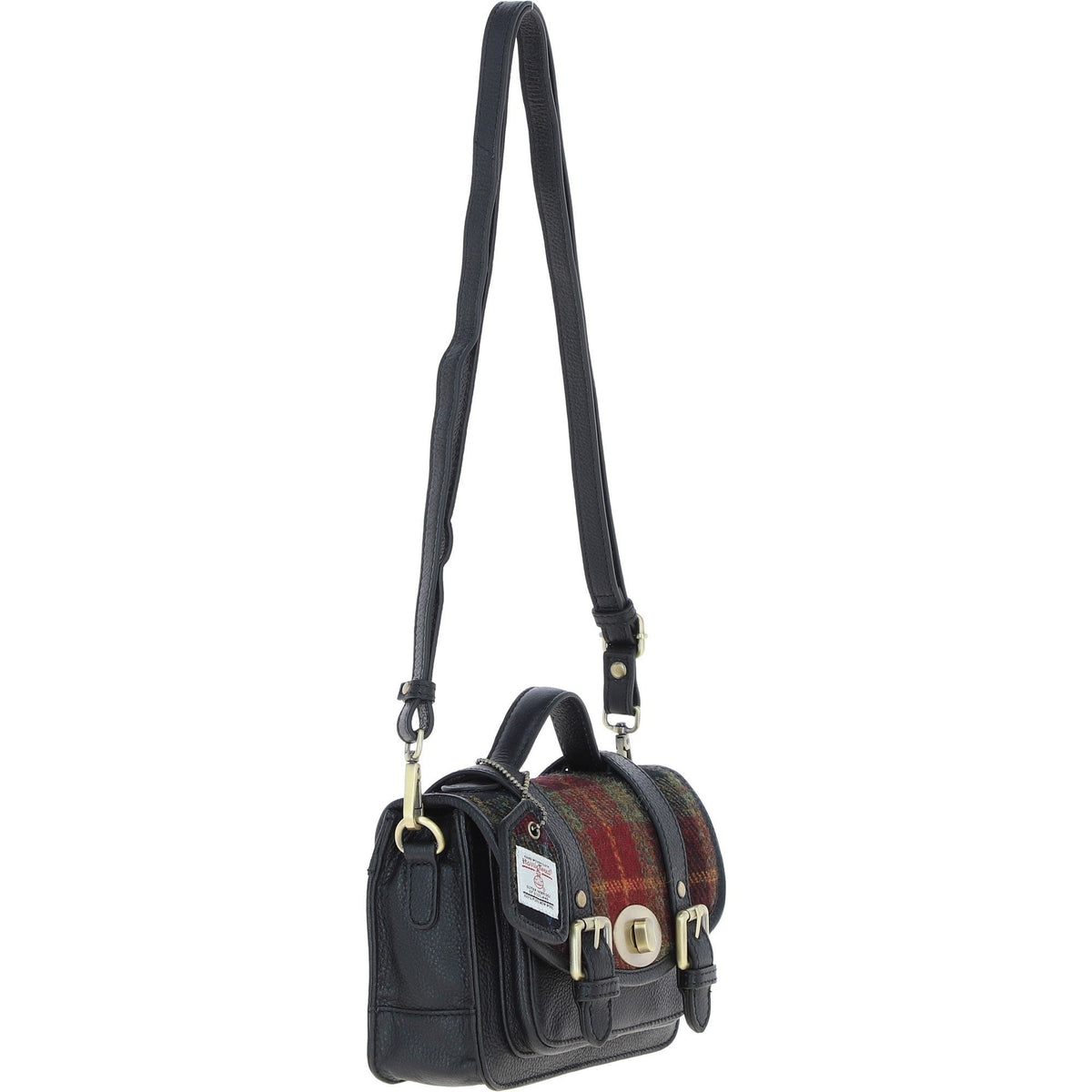Leather & Harris Tweed Small Twist Lock Satchel – Black / Green / Red, view 4