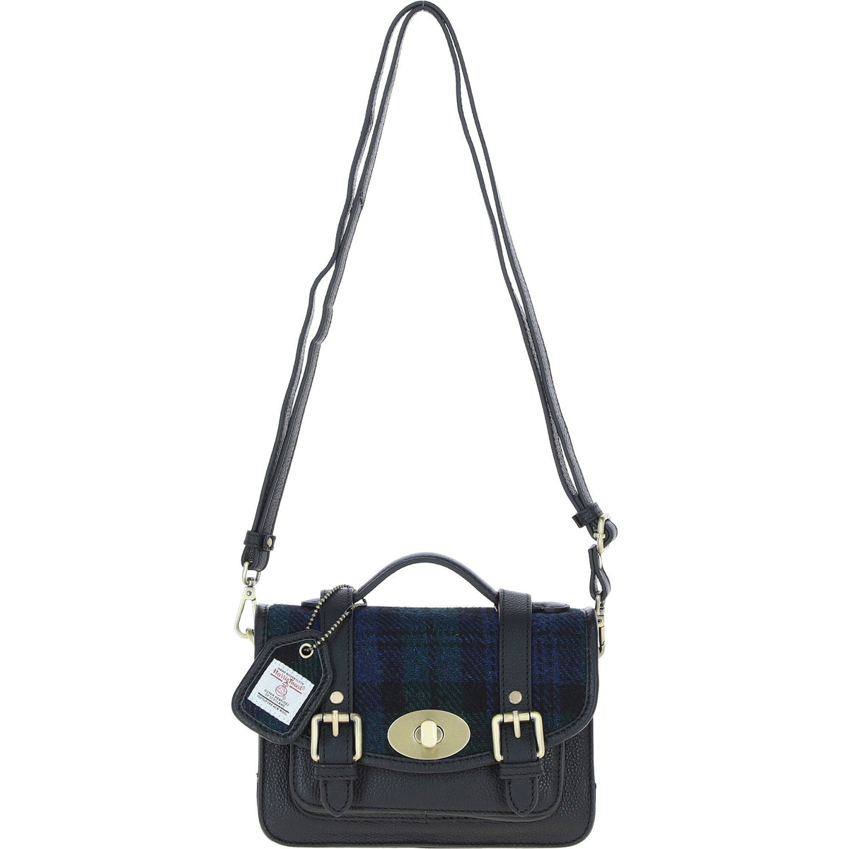 Leather & Harris Tweed Small Twist Lock Satchel – Black / Watch, view 1