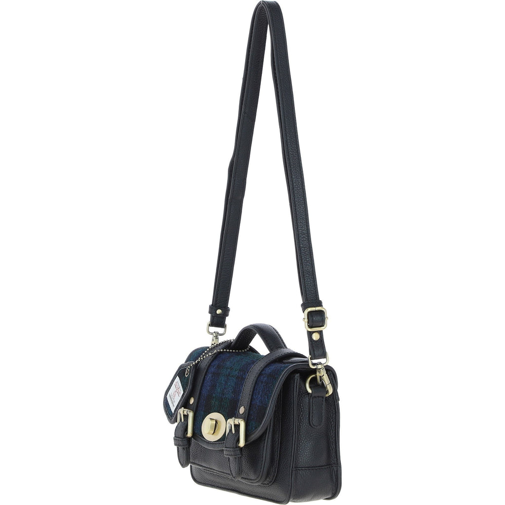 Leather & Harris Tweed Small Twist Lock Satchel – Black / Watch, view 2