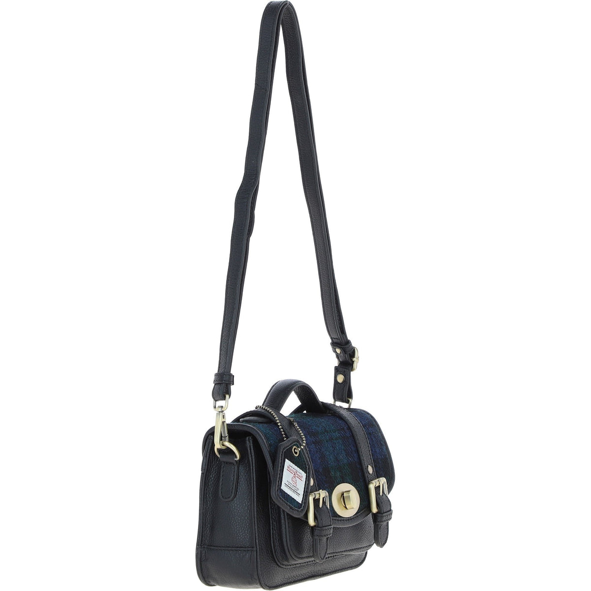 Leather & Harris Tweed Small Twist Lock Satchel – Black / Watch, view 4